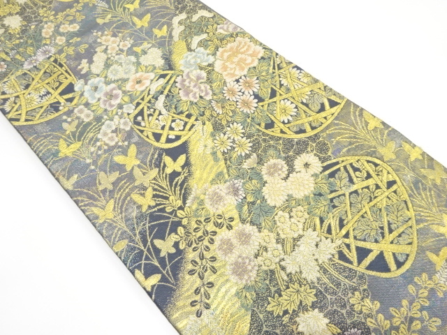 アンティーク　花籠に蝶模様織り出し袋帯（材料）